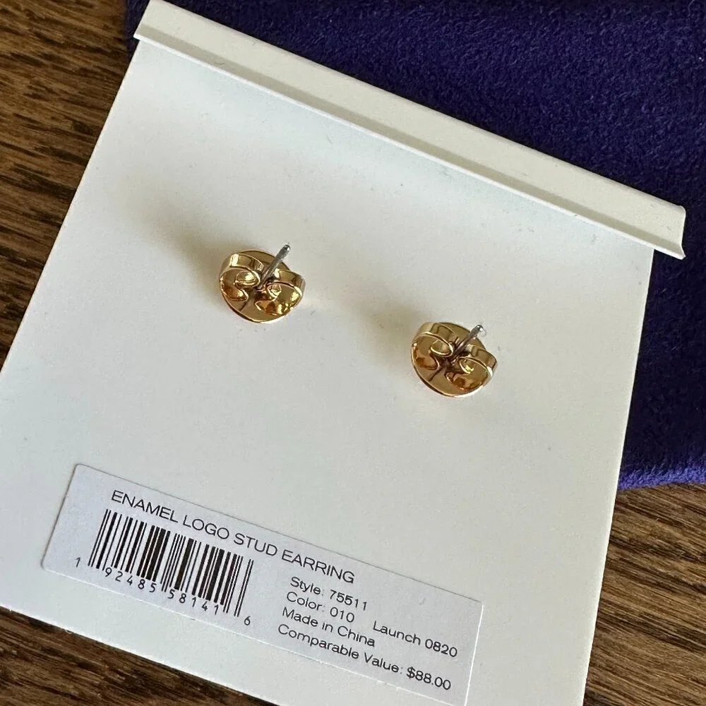 NEW！Tory Burch Enamel Logo Stud Earrings -Black/ Ivory/ Tan